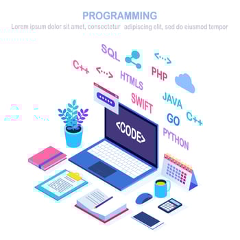 Software development, programming language, coding. 3d isometric laptop, computer with digital application isolated on white background. Vector design