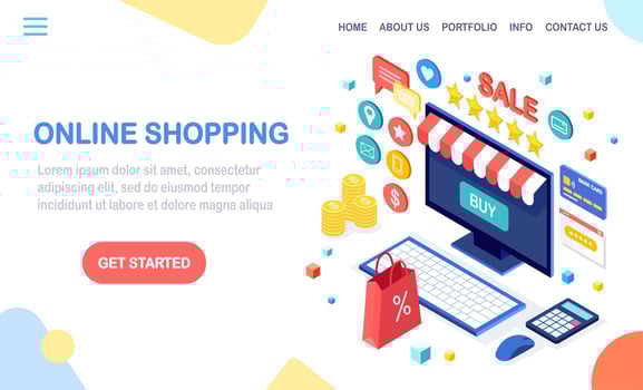 Online shopping concept. Buy in retail shop by internet. Discount sale. 3d isometric computer, laptop with money, credit card, customer review, feedback, bag, package. Vector design for web banner