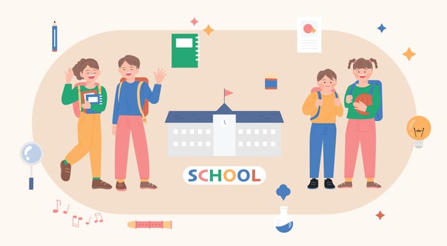 Cute children with school bags are standing waving their hands. vector