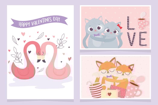 happy valentines day cute couple flamingo cats foxes romance cards vector