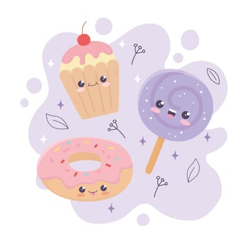 kawaii sweet donut lollipop and cupcake dessert cartoon vector