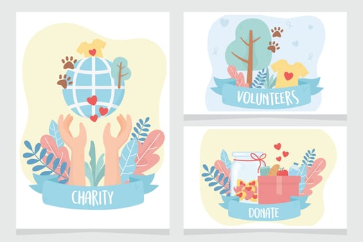volunteering, help charity donation humanitarian assistance cards vector