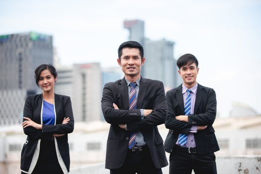 Group of business people with businessman leader celebrating success Achievement and smiling photo