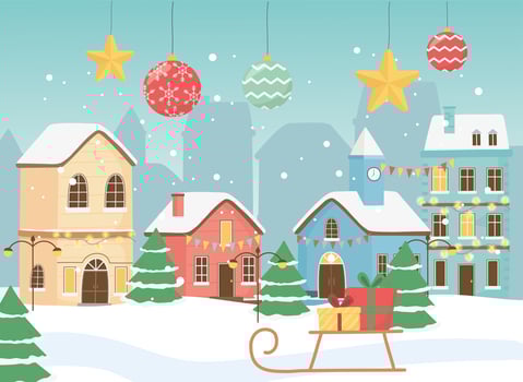 new year 2020 greeting card village houses sled gifts snow balls and stars vector