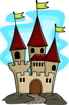 Fairytale landscape with castle. Fantasy palace tower, fantastic fairy house or magic castles kingdom vector
