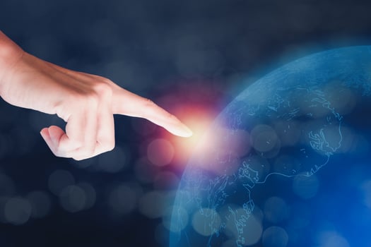 Hand of businessman touch on blue transparency earth on blue background. Business, technology, education, communication concept. photo