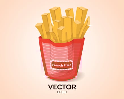 Vector Potatoes French Fries in Red Carton Package Box, Fast Food - french fry mock up template. French fries in the paper basket. Series of food and drink and ingredients for cooking.