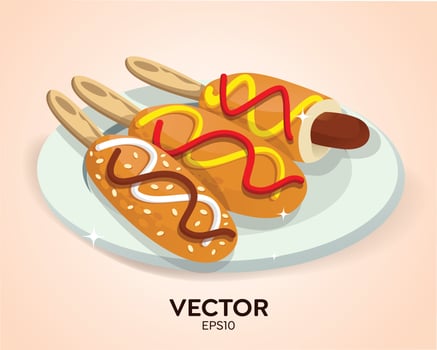 Traditional Korean street food - fried corn dog with ketchup and mustard. Hand drawn cartoon style hot dog with sausage and cheese, fried in breadcrumbs. Delicious corndogs on a plate vector