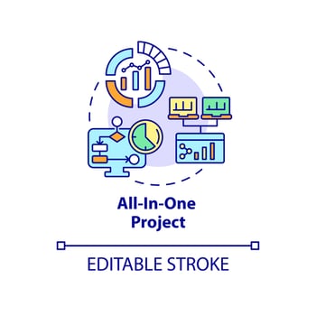 All-in-one project concept icon. Business program abstract idea thin line illustration. Track overall progress. Isolated outline drawing. Editable stroke. Roboto-Medium, Myriad Pro-Bold fonts used vector
