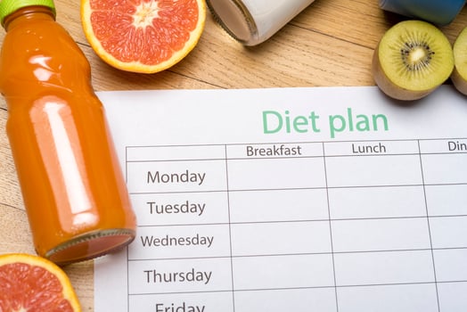 Diet plan, tape measure, water, diet of fresh fruits on the wooden floor. photo