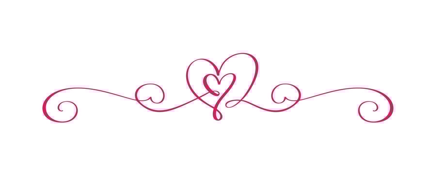 Vintage Red Flourish Vector divider Valentine Day Hand Drawn Black Calligraphic two Hearts. Calligraphy Holiday illustration. Design valentine element. Icon love decor for web, wedding