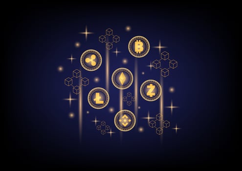 Business and technology concept. Cryptocurrency coin and blockchain technology on black background. Big data information exchanges digital currency and online payment. vector