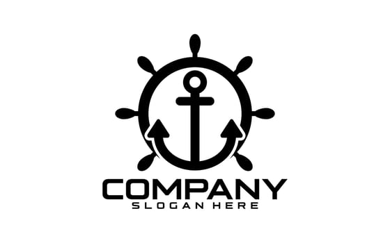 Marine retro emblems logo with anchor and ship steering, anchor logo vector