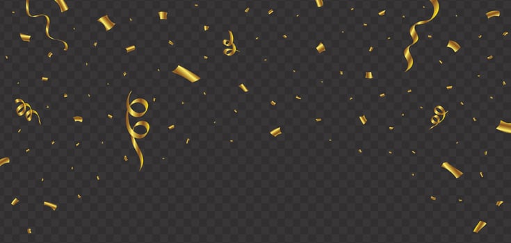 Golden confetti and ribbon falling illustration. Golden confetti and ribbon falling isolated on dark background. Festival elements vector. Anniversary and wedding celebration confetti. vector