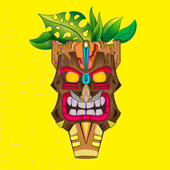 Design of trendy hawaii wooden tiki mask for surfing bar. Traditional ethnic idol and hawaiian surf, maori or polynesian vector