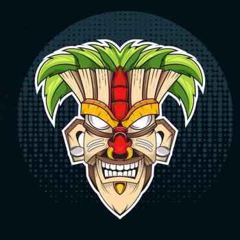Design of trendy hawaii wooden tiki mask for surfing bar. Traditional ethnic idol and hawaiian surf, maori or polynesian vector