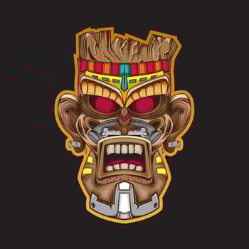 Design of trendy hawaii wooden tiki mask for surfing bar. Traditional ethnic idol and hawaiian surf, maori or polynesian vector