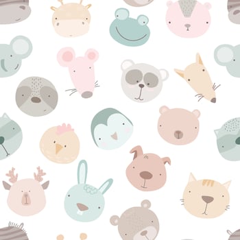 Baby seamless pattern with hand drawn animals. Seamless background with cute animals head.  childish style great for fabric and textile, wallpapers, backgrounds. vector