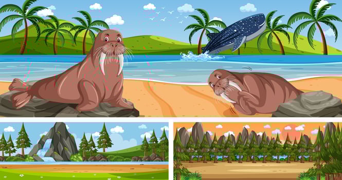Set of different outdoor landscape scenes with cartoon character vector