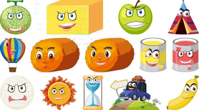 Set of different toy objects with smiley faces vector