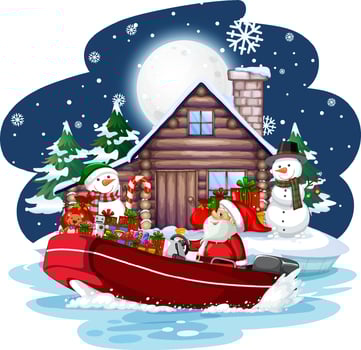 Santa Claus on a speedboat at snowy night vector