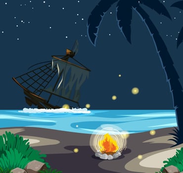 Sinking ship in the sea at night scene vector