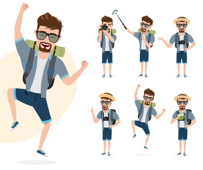 Male travel characters vector set. Man tourist traveler character in happy jumping and standing poses for summer adventure isolated in white background. Vector illustration.