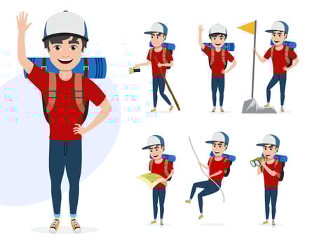 Male mountain climber vector character set. Hiker man character in different summer hiking activities like rope climbing, telescoping, walking and waving isolated in white background.