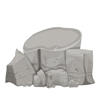 Stone pile, rock construction heavy in cartoon style isolated on white background. Mineral detailed drawing, old textured, boulder decoration. Vector illustration
