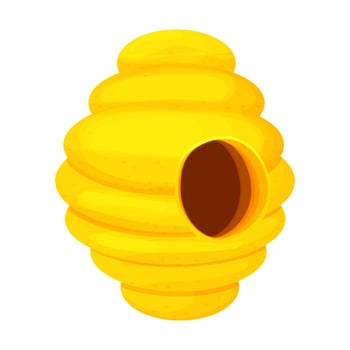 Yellow hanging wild beehive in cartoon style isolated on white background. Bee nest, house. Detailed drawing, apiary element. . Vector illustration