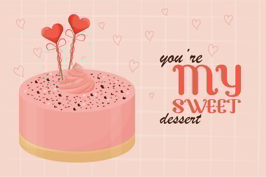 Detailed and bring pink romantic cake, for greeting glazed isolated on pink abstract background with quote You re my sweet dessert. Romantic greeting, poster or banner. Vector illustration