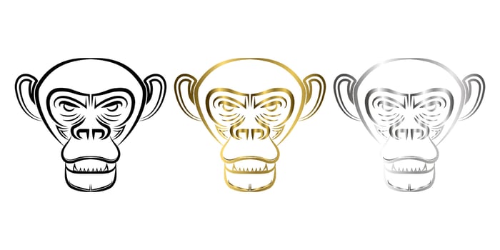 Three color black gold and silver line art of chimpanzee head Good use for symbol mascot icon avatar tattoo T Shirt design logo or any design vector