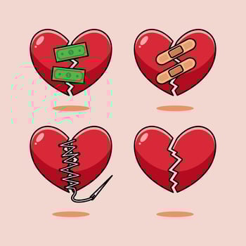Broken heart and crack repaired with bandage, money, stitch illustration vector