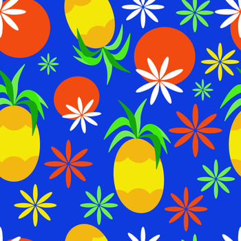 Seamless tropical fruits pattern. Exotic background with pineapples, oranges and flowers on a blue background for Wallpaper, Wrapping Paper, Fabric. Colorful vector illustration.