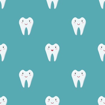 Happy healthy white teeth. Dental seamless pattern. Vector childrens illustration of cute teeth isolated on a blue background.