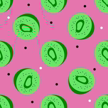 Kiwi seamless pattern. Green kiwi halves on a pink background. Simple abstract vector background. For paper, cover, fabric, gift packaging.