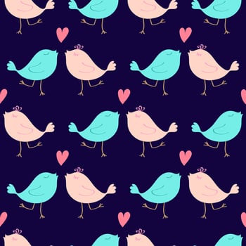 Valentines Day doodle seamless pattern. Romantic hand-drawn blue background with lovebirds and heart. Ideal for wrapping paper, textiles, wallpaper, wedding design. Vector illustration.
