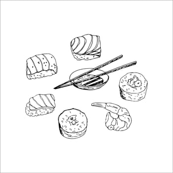 Japanese food set consisting of sushi, rolls, shrimp, wooden chopsticks and a bowl of soy sauce, isolated on a white background. Vector illustration in hand-drawn style.