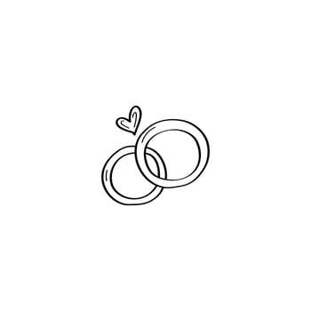 A hand-drawn pair of wedding rings. Wedding rings Doodle illustration. Vector design element for greeting cards, wedding invitations, and Valentines Day. Black outline isolated on a white background.