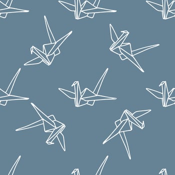 Crane origami seamless pattern. Japanese traditions. White outline on a gray background. Simple hand-drawn vector background. For paper, cover, fabric, gift packaging.