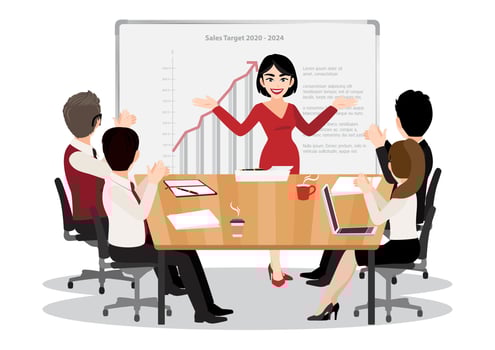 Cartoon character with the cheerful motivated female giving recommendations, presentation to office workers at the meeting. Concept of leadership flat icon vector