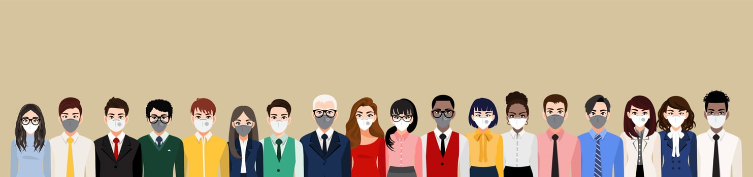 Cartoon character with people wearing face masks or medical masks, air pollution, contaminated air, world pollution, prevent disease, flu, gas mask, Coronavirus.Flat vector illustration