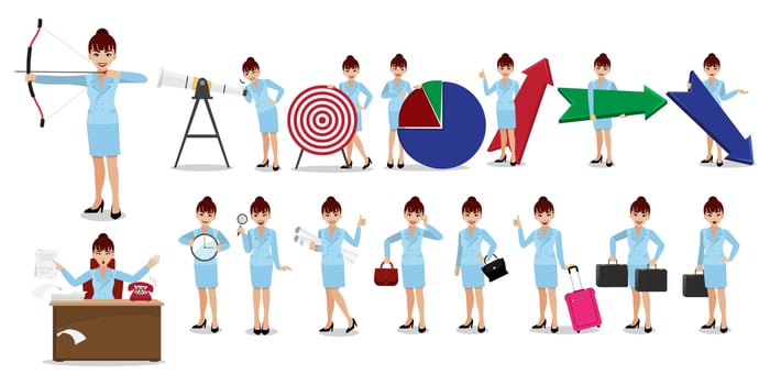 Businesswoman cartoon character set. Beautiful business woman in blue color suit on white background. Vector illustration