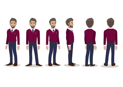 Businessman in fall casual with purple sweater shirt cartoon character animation set. Front, side, back, 3-4 view character. Flat icon design vector