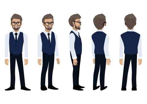 Businessman cartoon character with a smart shirt and waistcoat for animation. Front, side, back, 3-4 view character. Flat icon design vector