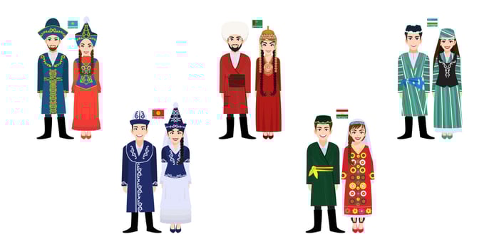 Set of 10 Central Asia men and women cartoon characters in traditional costume with flag vector