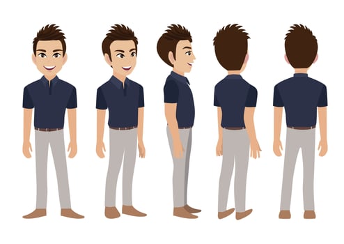 Cartoon character with business man. Front, side, back, 3-4 view animated character. Flat vector illustration.