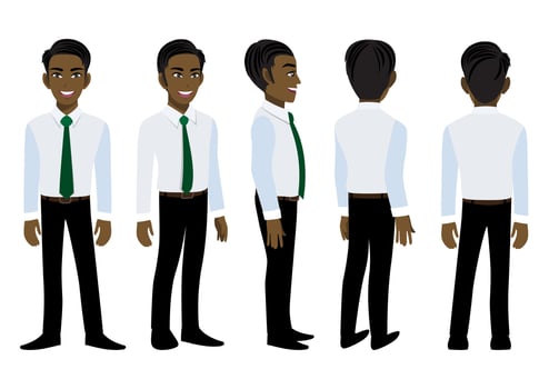 Cartoon character with American African business man in a smart shirt for animation. Front, side, back, 3-4 view animated character. Flat vector illustration.