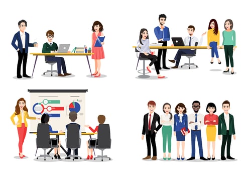 Office worker set. Bundle of men and women taking part in business meeting, negotiation, brainstorming, talking to each other. Colorful vector illustration in flat cartoon style