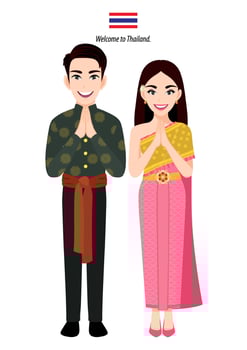 Thailand male and female in traditional costume or Thai people greeting Sawasdee and Thai flag on white background cartoon character vector
